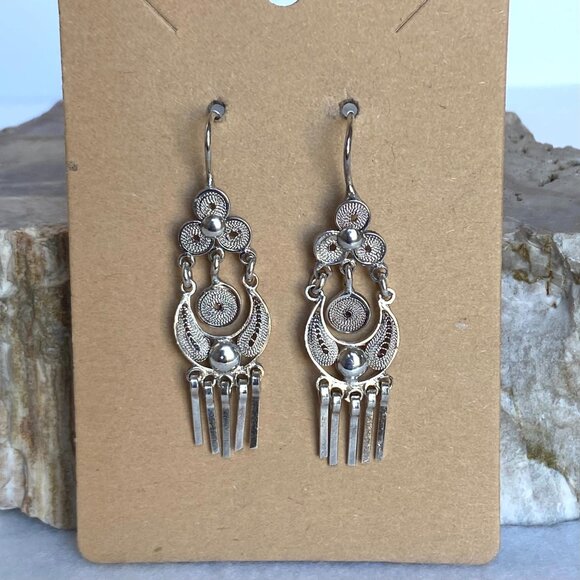 VTG Sterling Silver 925 Filigree Spun Silver Fringe Dangle Drop Earrings - Picture 7 of 14